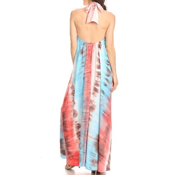 Aqua Orange Tie Dye Boho Halter Maxi Dress - Picture 4 of 5